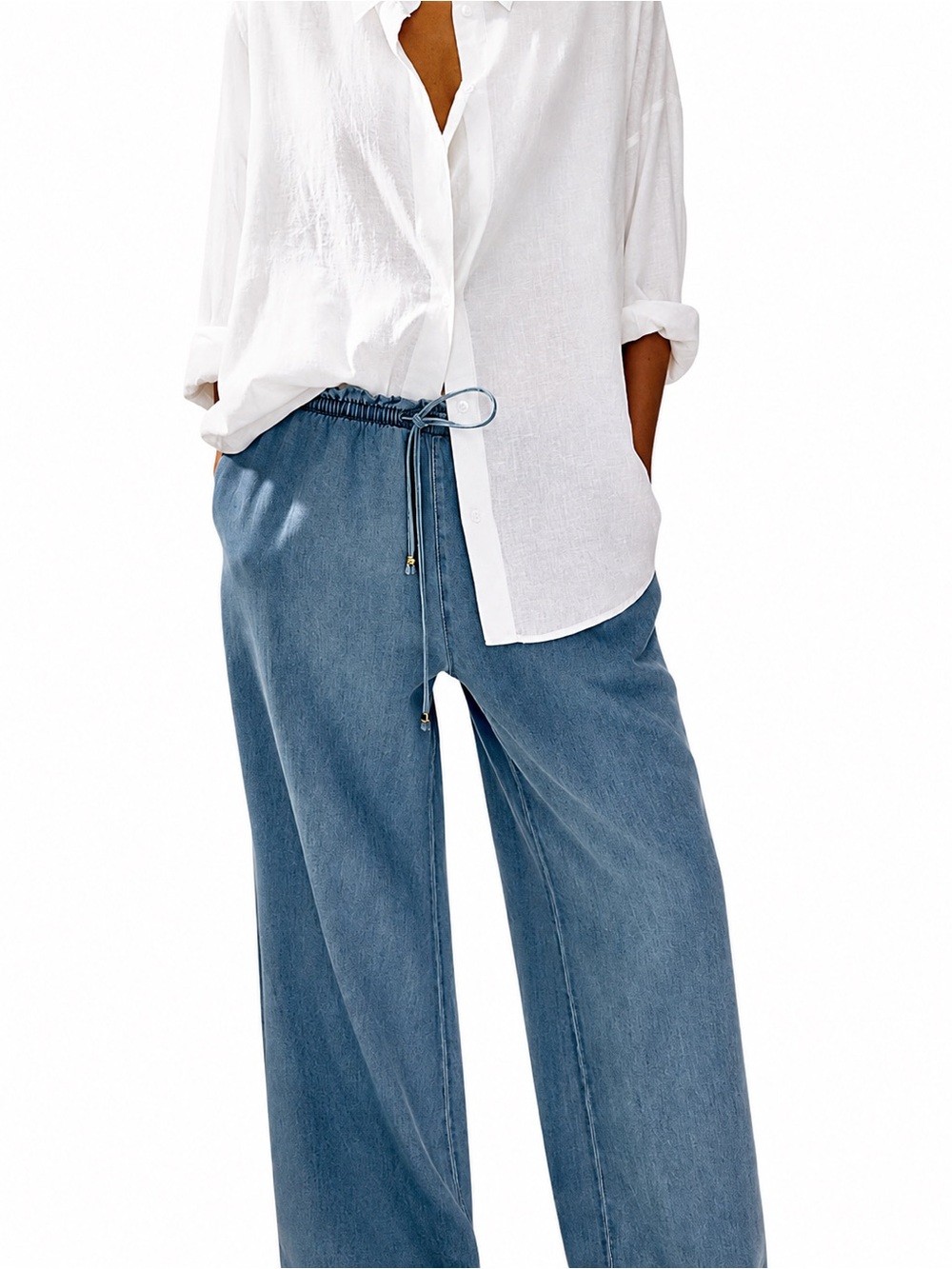 H&M Wide Cut Paper Bag Pants M Light Denim Blue Lyocell Pull On Wide Leg